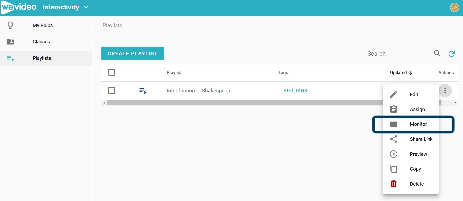 Playlist library in WeVideo Interactivity. Monitor functionality highlighted.