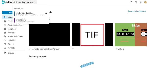Multimedia Creation and Interactivity dropdown menu in WeVideo.