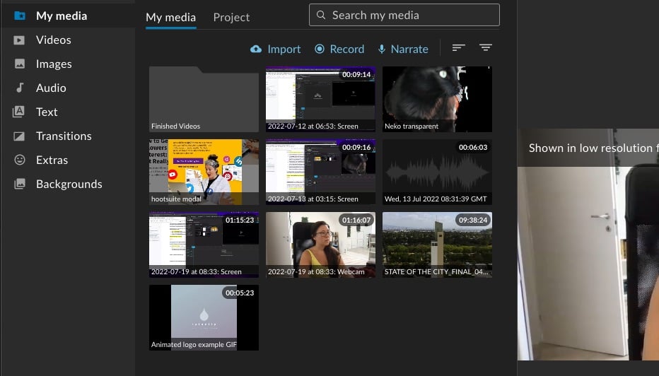 Screenshot of My media submenu in WeVideo video editor