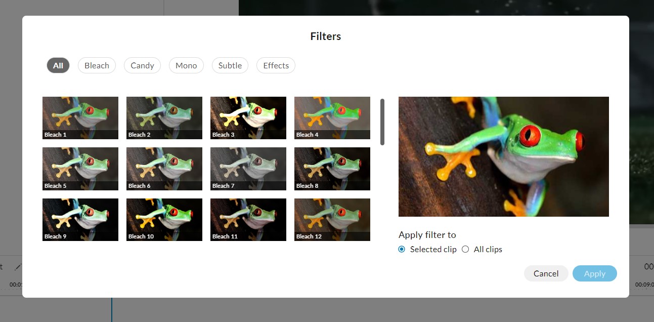 The Filters menu in WeVideo Classroom.